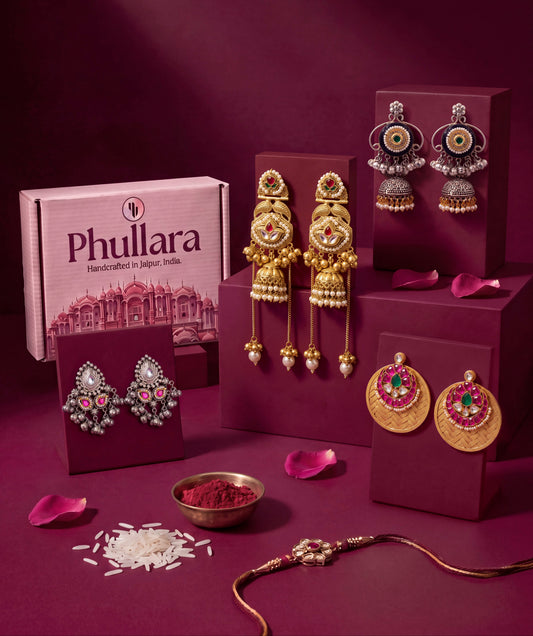 Phullara Rakhi Gift Set for Sister – Jhumka Edit (4 Pairs) – Best Seller