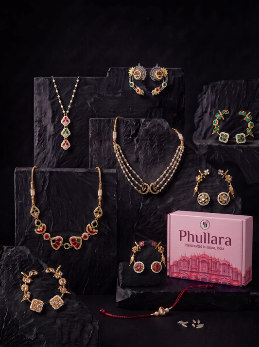 Phullara Rakhi Gift Set for Sister – Meenakari Gold Edit