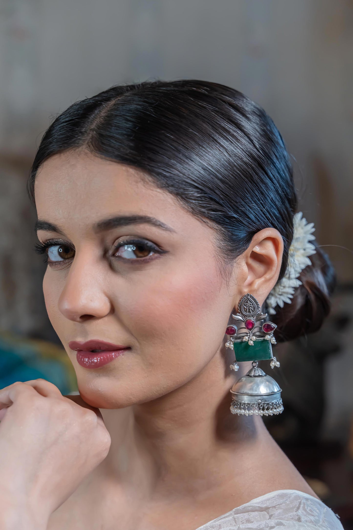 Alia Jhumkas  { Green and Pink Combination }